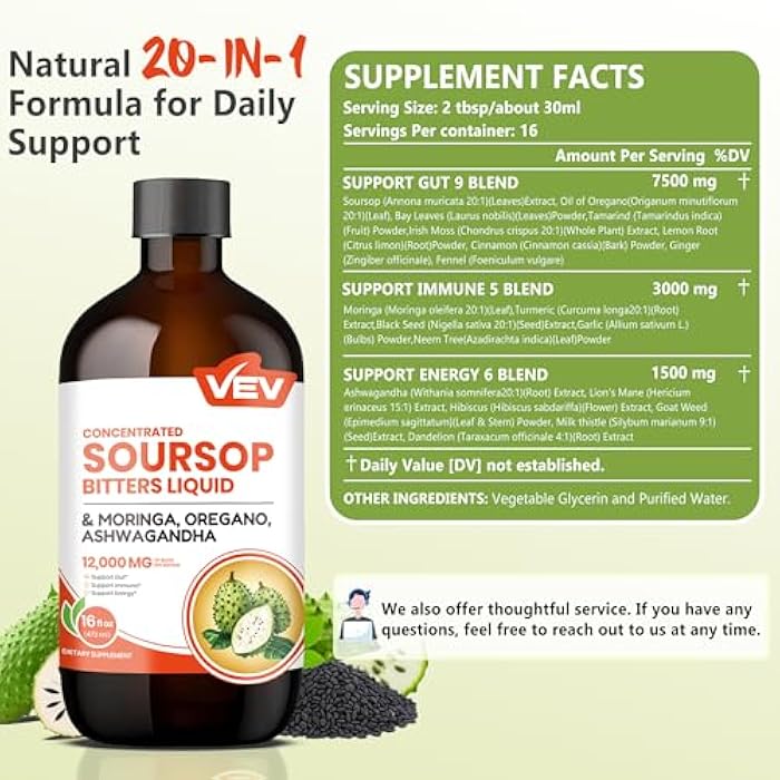 VEV Soursop Bitters Liquid, Graviola Extract Sugar-Free Formula, 20 IN 1, with Black Seed, Moringa & Oregano, Digestive Health & Immune Function, Stress Relief, Sleep Support, Vegan -16 oz - Image 2
