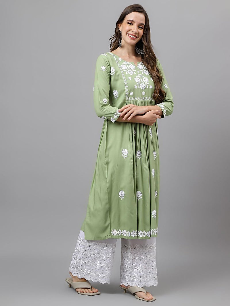 RATAN Women's Rayon Anarkali Lucknowi Chikankari Ethnic Wear Regular Fit Kurta Set (Rumi-Pista-Small_Pista Green) - Image 3