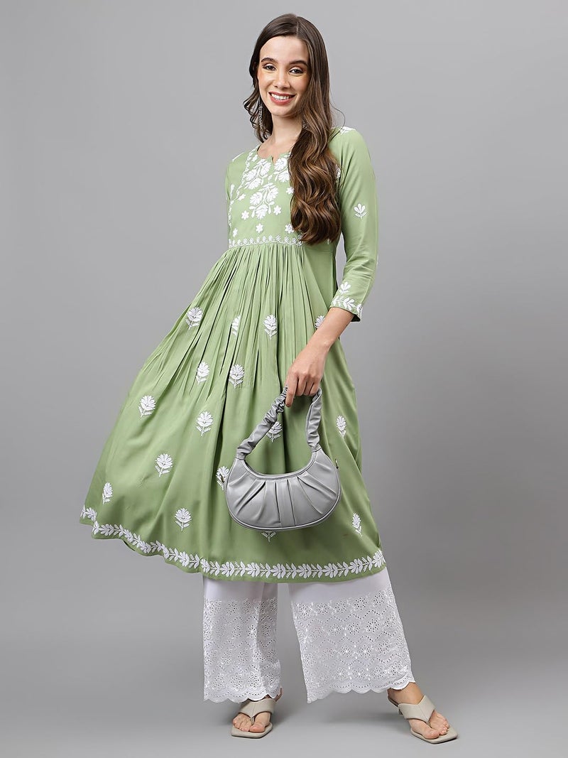 RATAN Women's Rayon Anarkali Lucknowi Chikankari Ethnic Wear Regular Fit Kurta Set (Rumi-Pista-Small_Pista Green) - Image 2