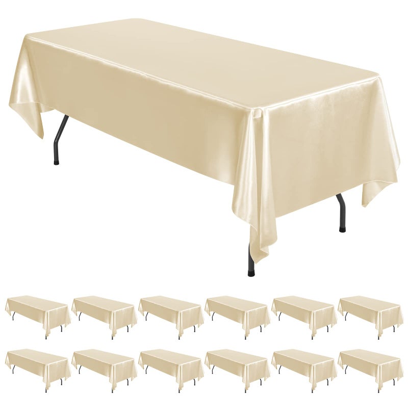 REWOMC 12 Pack Champagne Satin Tablecloth, 57 x 108 Inch Satin Table Cloth for 6 Foot Rectangle Tables, Wrinkle Resistant Washable Table Covers Bright Silk Table Clothes for Wedding, Party, Banquet - Image 1