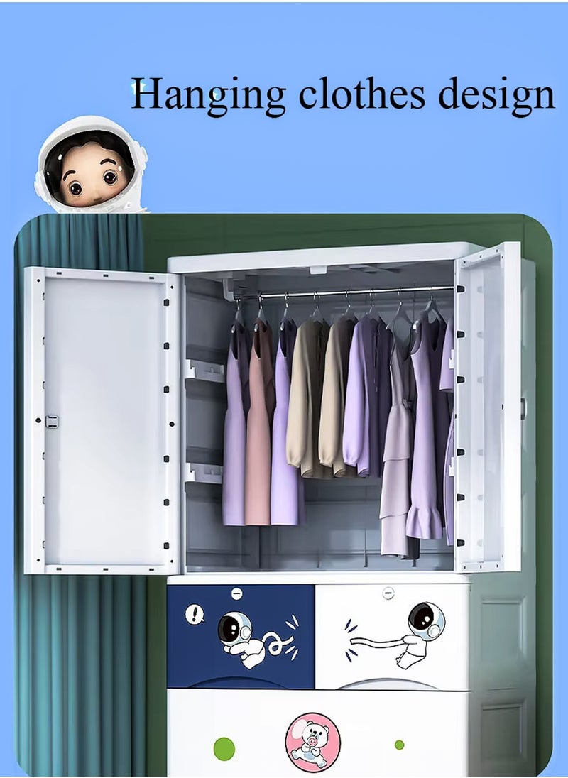 DBLEW Portable Kids Large Wardrobe Closet with 2 Doors Collapsible Plastic Baby Armoire Storage Cabinet with Hanging Rod And 3 Drawers Children Clothes Storage Box Container Cabinet Organizer Toddler Dresser Quick Install For Bedrooms, Playrooms, Nursery and Multipurpose Use With Cartoon Characters  - Image 2