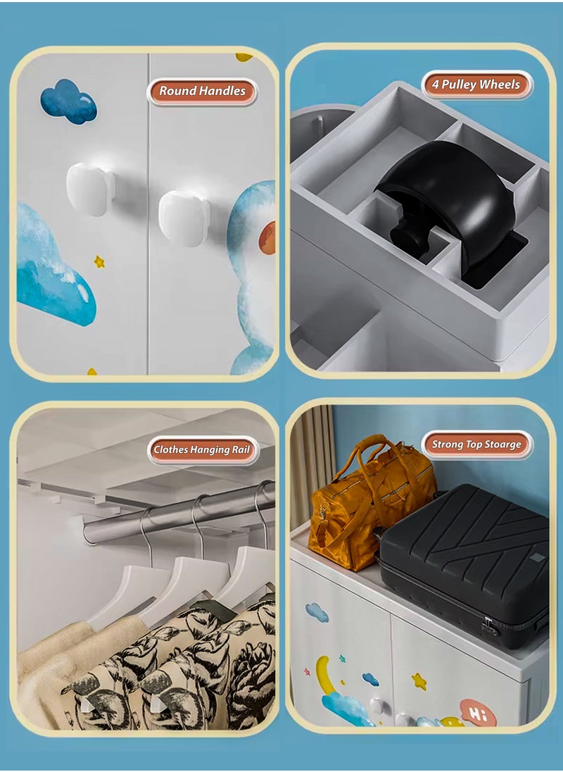 DBLEW Portable Kids Large Wardrobe Closet with 2 Doors Collapsible Plastic Baby Armoire Storage Cabinet with Hanging Rod And 3 Drawers Children Clothes Storage Box Container Cabinet Organizer Toddler Dresser Quick Install For Bedrooms, Playrooms, Nursery and Multipurpose Use With Cartoon Characters  - Image 3