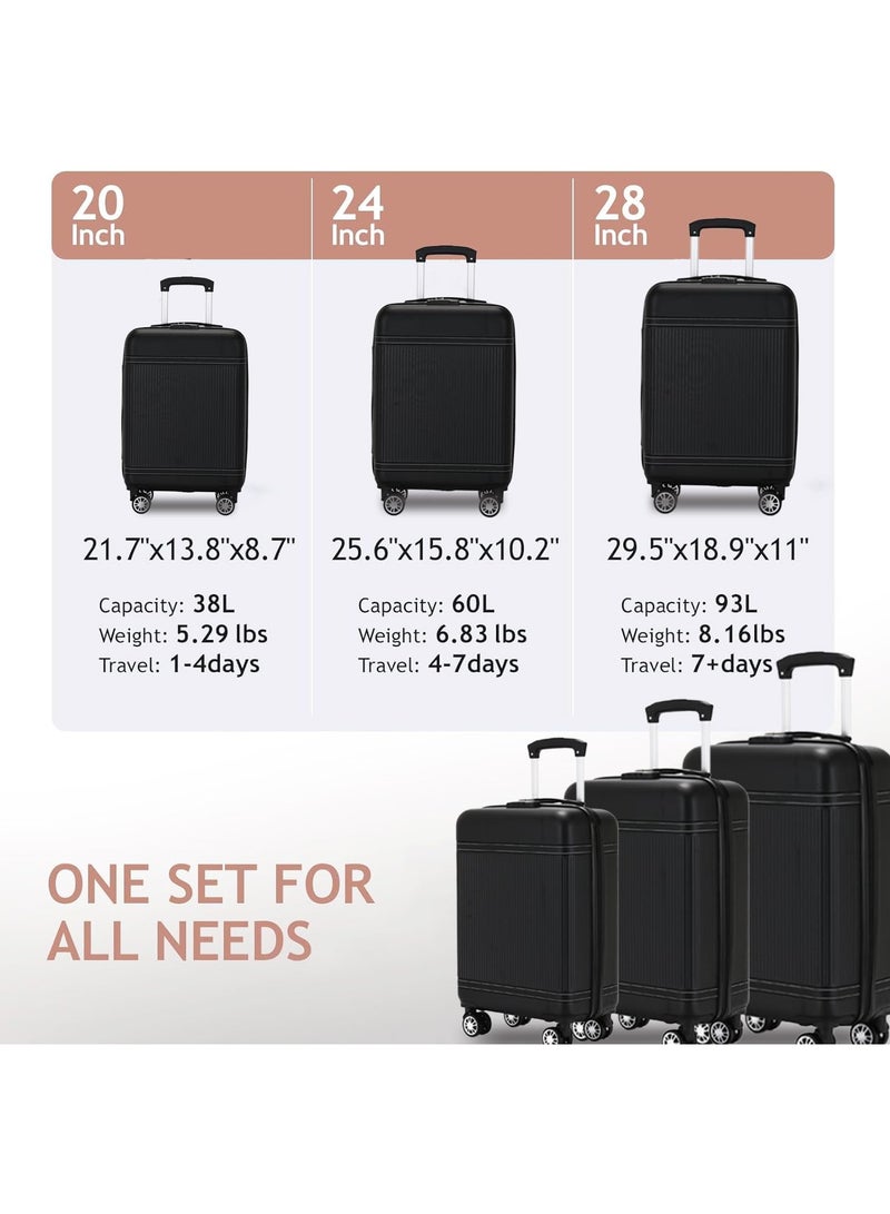 Yuwell 3-Piece Luggage Sets 20/24/28 inch Hard Shell ABS + PC, Expandable Design, Spinner Wheels, Luggage Bag 3 Piece Suitcase Set Multidirectional Wheels Travel Bags Scratch-Resistant Surface Trolley Bag Luggage Set 3 Black - Image 5