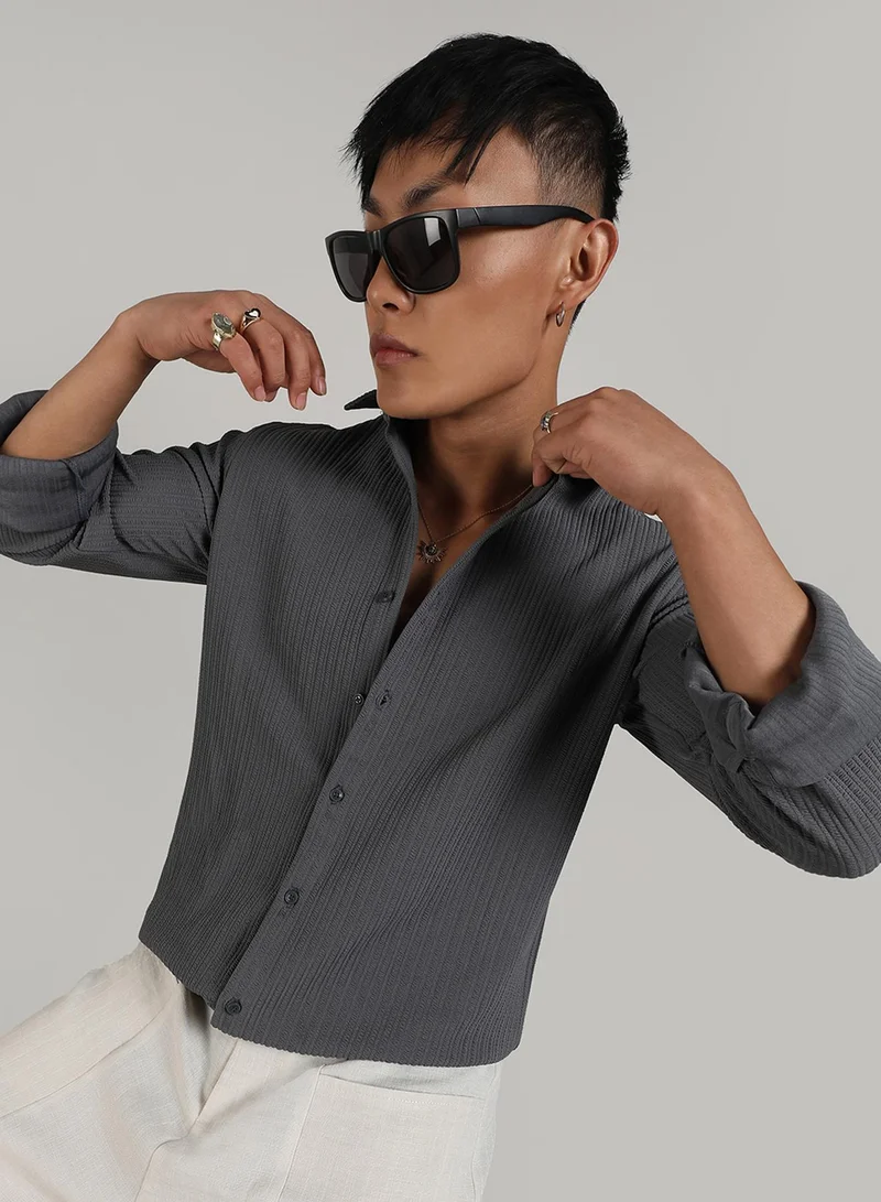 Campus Sutra Men's Pistachio Green Crinkled-Weave Shirt For Casual Wear | Spread Collar | Long Sleeve | Button Closure | Shirt Crafted With Comfort Fit For Everyday Wear