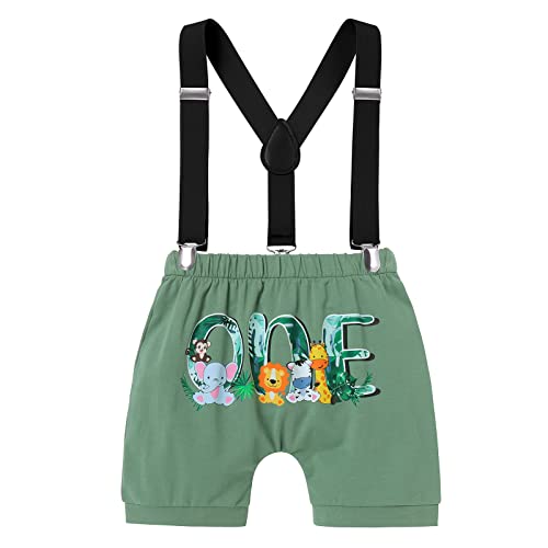 ODASDO Wild One Birthday Outfit Boy Baby First 1st Birthday Cake Smash One Year Old Jungle Safari Theme Party Photo Shooting Woodland Zoo Animal Print Romper Shorts Suspenders Crown Hat Bean Green 12-18M - Image 4