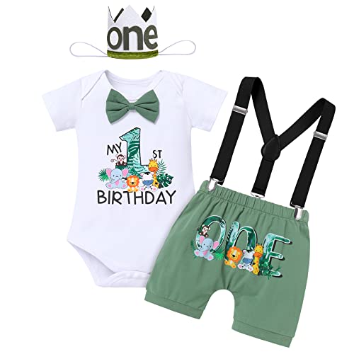 ODASDO Wild One Birthday Outfit Boy Baby First 1st Birthday Cake Smash One Year Old Jungle Safari Theme Party Photo Shooting Woodland Zoo Animal Print Romper Shorts Suspenders Crown Hat Bean Green 12-18M - Image 1