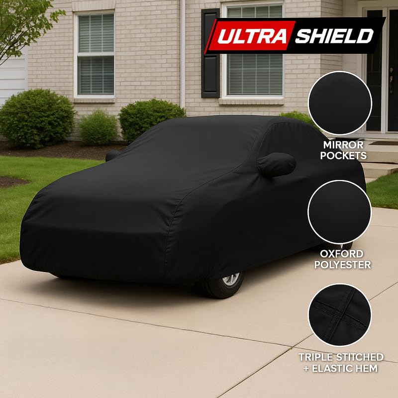 ULTRA SHIELD All Weather Water-Resistant Car Cover for Maruti Suzuki Swift | Durable Light-Weight Triple-Stitched Fabric, UV Protection, Dust-Proof | Mirror Pockets, Full Elastic | Black - Image 3