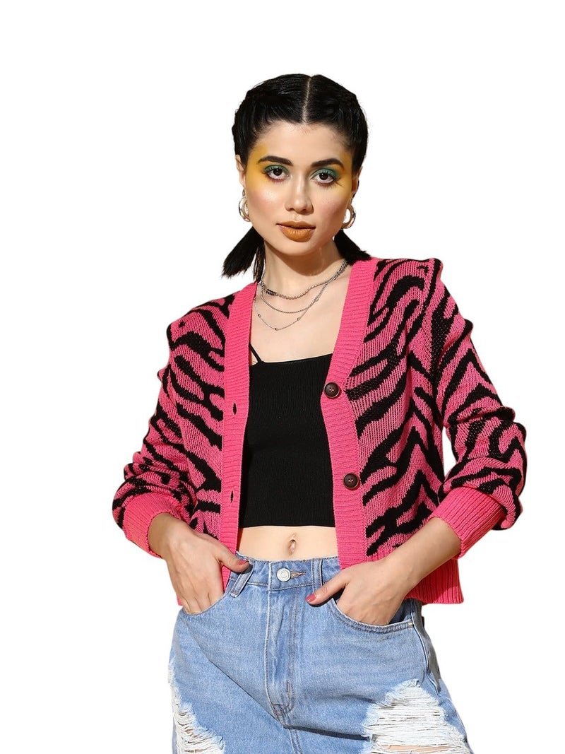 SASSAFRAS Fuchsia Animal Print Front Open Wool Cardigan - Image 1