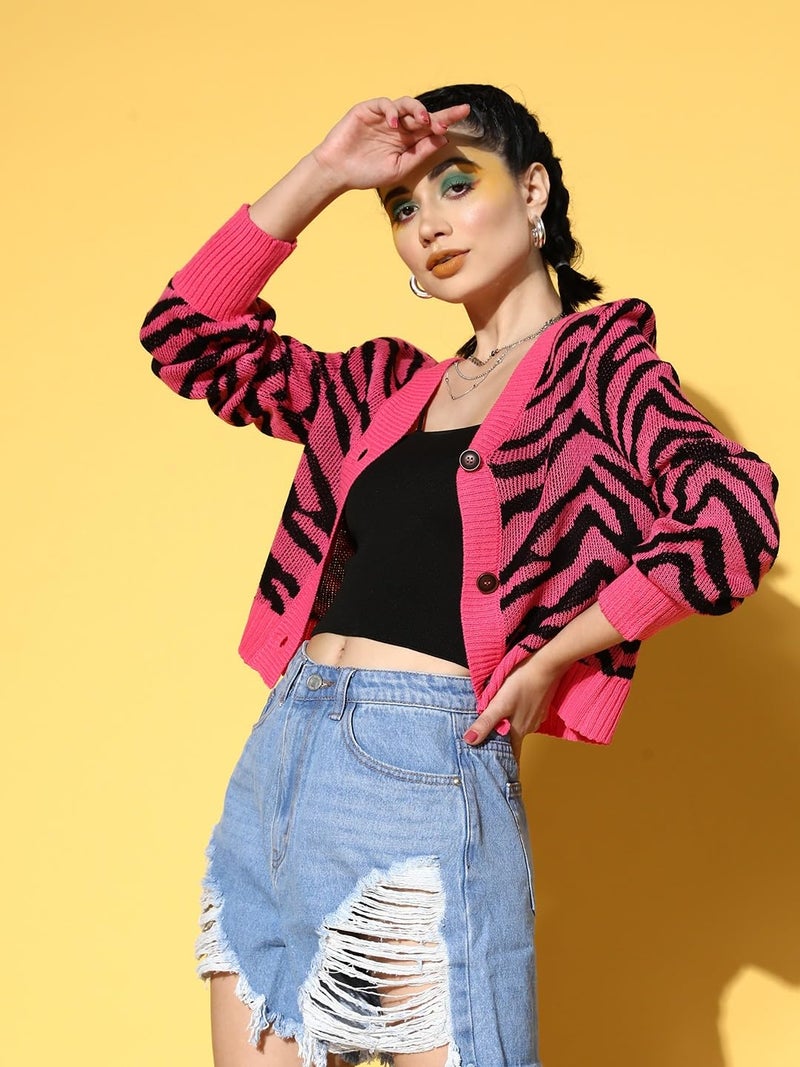 SASSAFRAS Fuchsia Animal Print Front Open Wool Cardigan - Image 3
