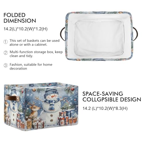 Dussdil Winter Snowflakes Snowman Storage Basket Deer Snow Fabric Storage Organizer Box Bins Large Collapsible Cube Baskets Boxes with PU Handles for Kitchen Shelf Closet Nursery Laundry 1 Pack - Image 3
