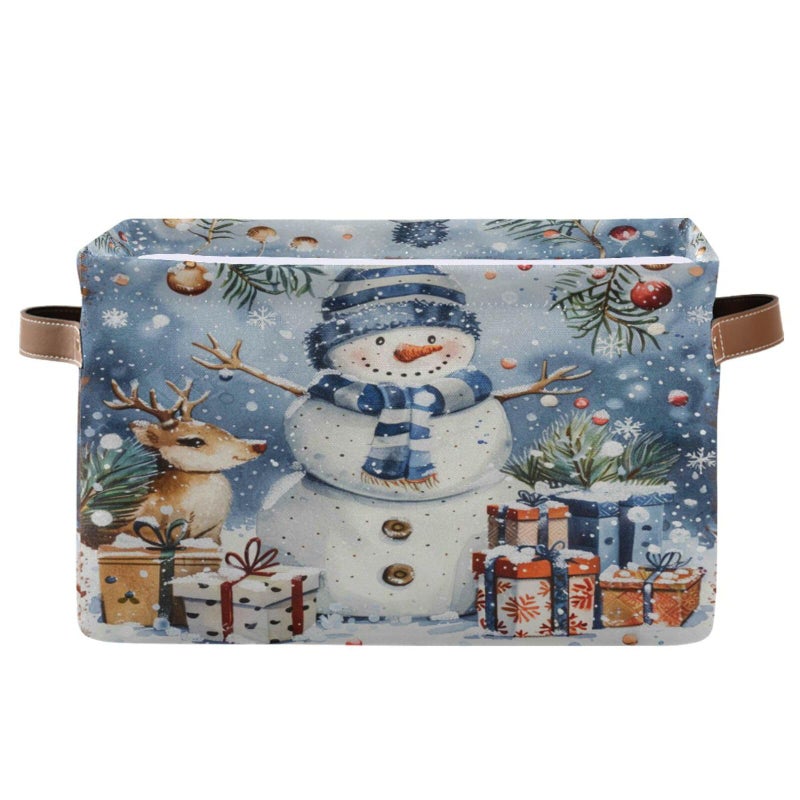 Dussdil Winter Snowflakes Snowman Storage Basket Deer Snow Fabric Storage Organizer Box Bins Large Collapsible Cube Baskets Boxes with PU Handles for Kitchen Shelf Closet Nursery Laundry 1 Pack - Image 2