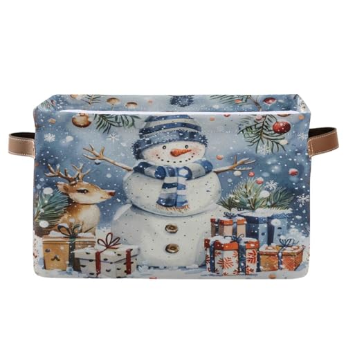 Dussdil Winter Snowflakes Snowman Storage Basket Deer Snow Fabric Storage Organizer Box Bins Large Collapsible Cube Baskets Boxes with PU Handles for Kitchen Shelf Closet Nursery Laundry 1 Pack - Image 1