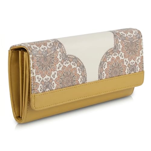 DOSYSO Wallet for Women Girls Stylish Latest Printed Faux Leather with Phone Space Coin Compartment Mobile Storage 4 Card Slots Holder Cash Zip Pockets Hand Clutch for Daily Use Ladies Long Purse (Mustard) - Image 1