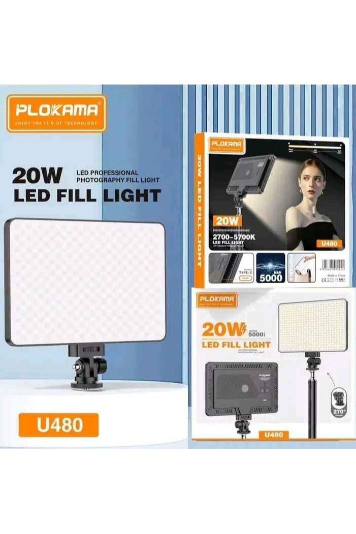 PLOKAMA U480 led RECHARGEBLE 20W Built-in 5000mAh Stepless Dimmable 2700-5700K LED Professional Photography Fill Light for DSLR, Camcorder, Tripod - Image 1