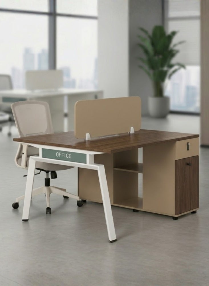 Karnak Azteca 2 Person Office Workstation Desk with Privacy Screen & Storage Drawers Mechanical Lock Computer Table (Walnut Khaki) - Image 1