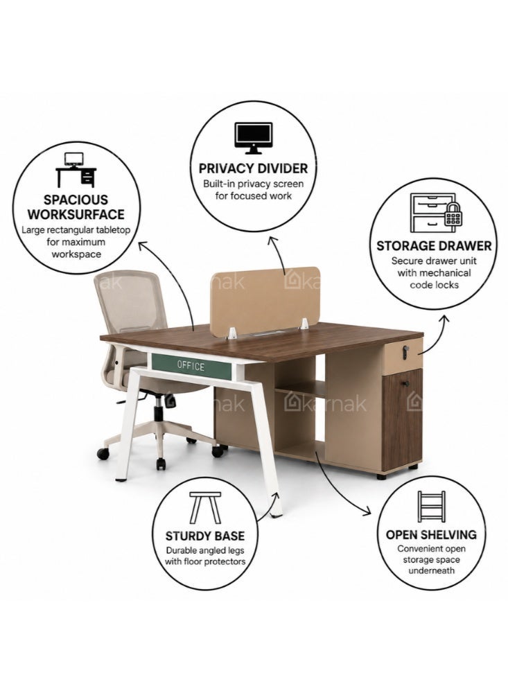 Karnak Azteca 2 Person Office Workstation Desk with Privacy Screen & Storage Drawers Mechanical Lock Computer Table (Walnut Khaki) - Image 2