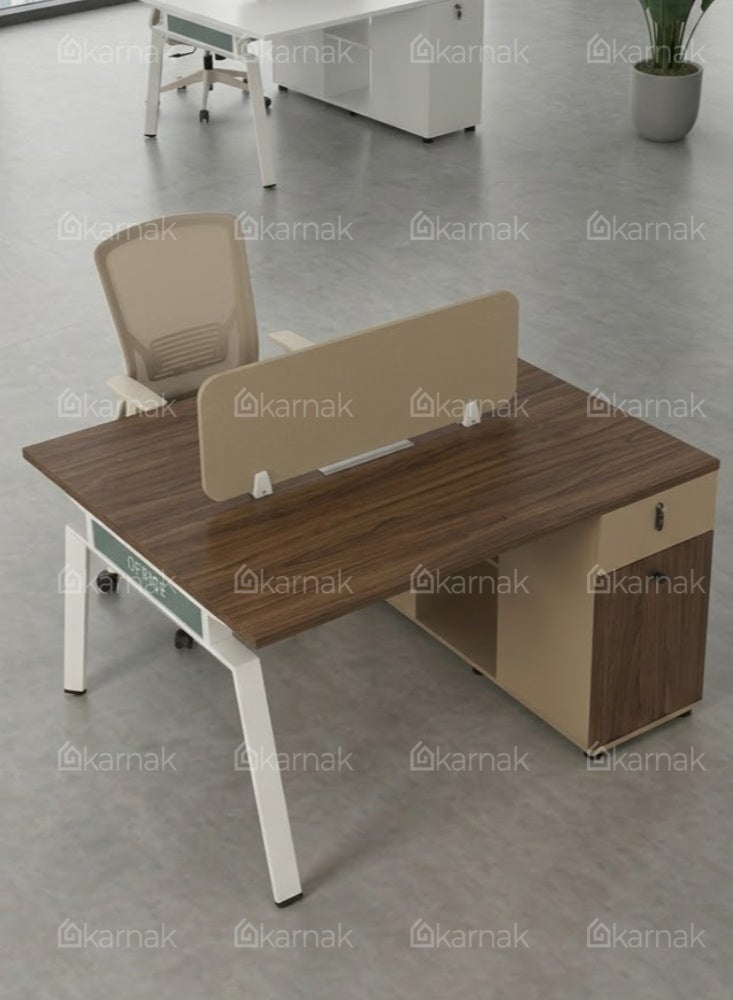 Karnak Azteca 2 Person Office Workstation Desk with Privacy Screen & Storage Drawers Mechanical Lock Computer Table (Walnut Khaki) - Image 4