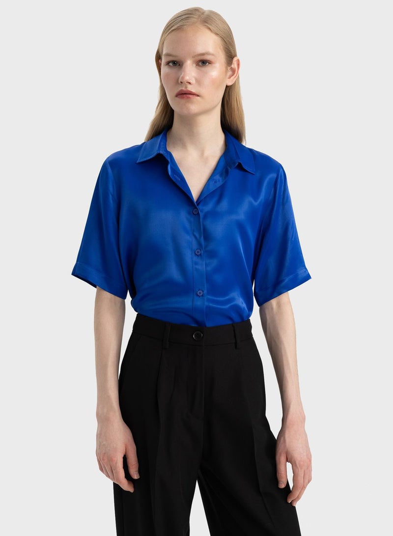 DeFacto Regular Fit Shirt Collar Satin Short Sleeve Shirt - Image 1