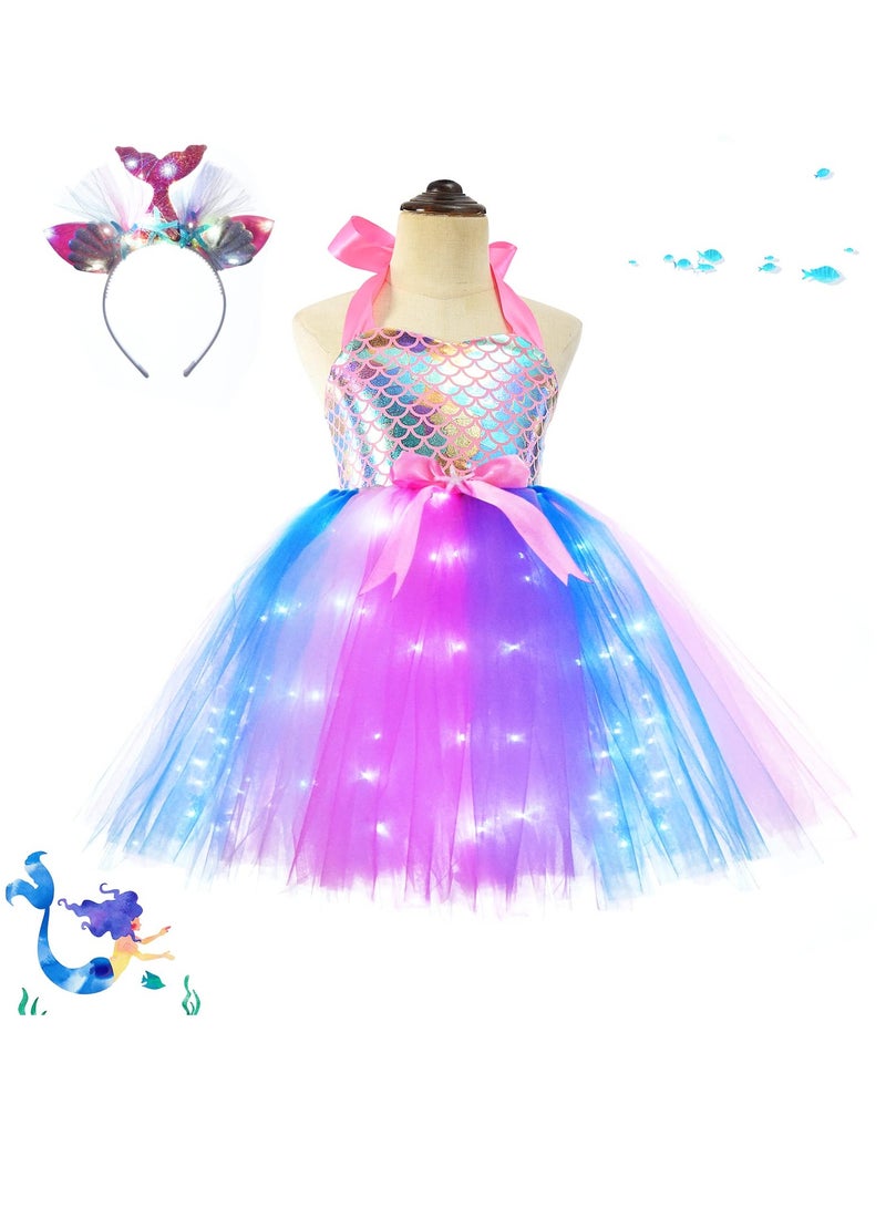 Zikra Mermaid Tutu Dress for Girls, LED Light Up Kids Mermaid Costume Outfits with Headband, Princess Dress Up Sequined Mesh Skirt for Birthday Party, Prom, Gift 3-4 Years - Image 1
