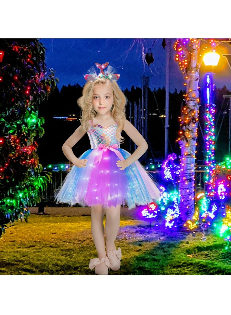 Zikra Mermaid Tutu Dress for Girls, LED Light Up Kids Mermaid Costume Outfits with Headband, Princess Dress Up Sequined Mesh Skirt for Birthday Party, Prom, Gift 3-4 Years - Image 4