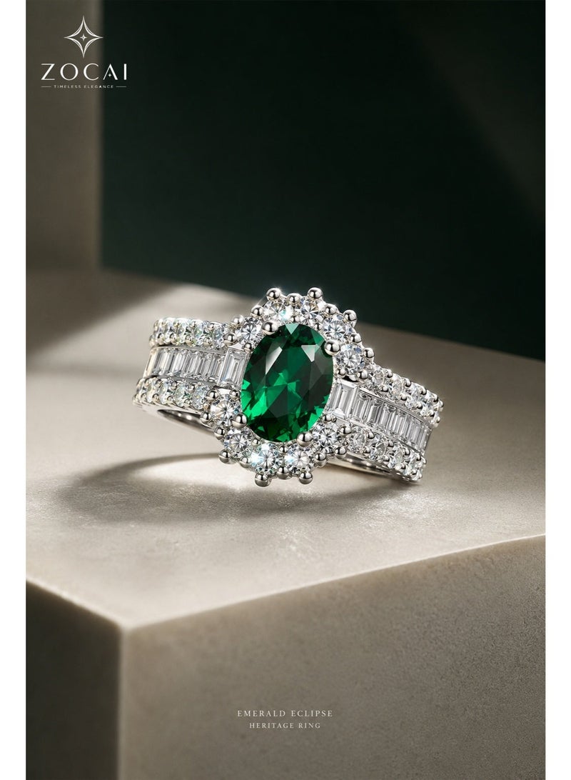 ZOCAI Luxury Emerald Halo Ring for Women | Oval Cut Green Emerald Center Stone | Triple Row Baguette & Round Cut Diamond Accent Band | White Gold Tone Statement Engagement Ring | Adjustable Luxury Cocktail Jewelry - Image 1