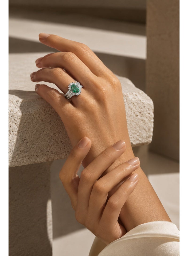 ZOCAI Luxury Emerald Halo Ring for Women | Oval Cut Green Emerald Center Stone | Triple Row Baguette & Round Cut Diamond Accent Band | White Gold Tone Statement Engagement Ring | Adjustable Luxury Cocktail Jewelry - Image 4