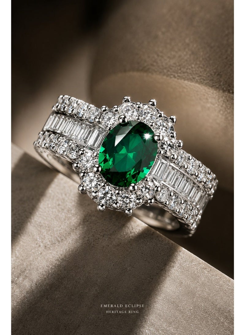 ZOCAI Luxury Emerald Halo Ring for Women | Oval Cut Green Emerald Center Stone | Triple Row Baguette & Round Cut Diamond Accent Band | White Gold Tone Statement Engagement Ring | Adjustable Luxury Cocktail Jewelry - Image 2