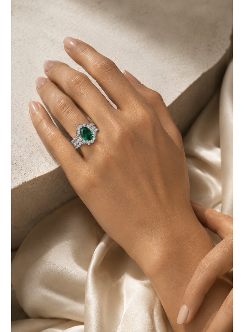 ZOCAI Luxury Emerald Halo Ring for Women | Oval Cut Green Emerald Center Stone | Triple Row Baguette & Round Cut Diamond Accent Band | White Gold Tone Statement Engagement Ring | Adjustable Luxury Cocktail Jewelry - Image 3