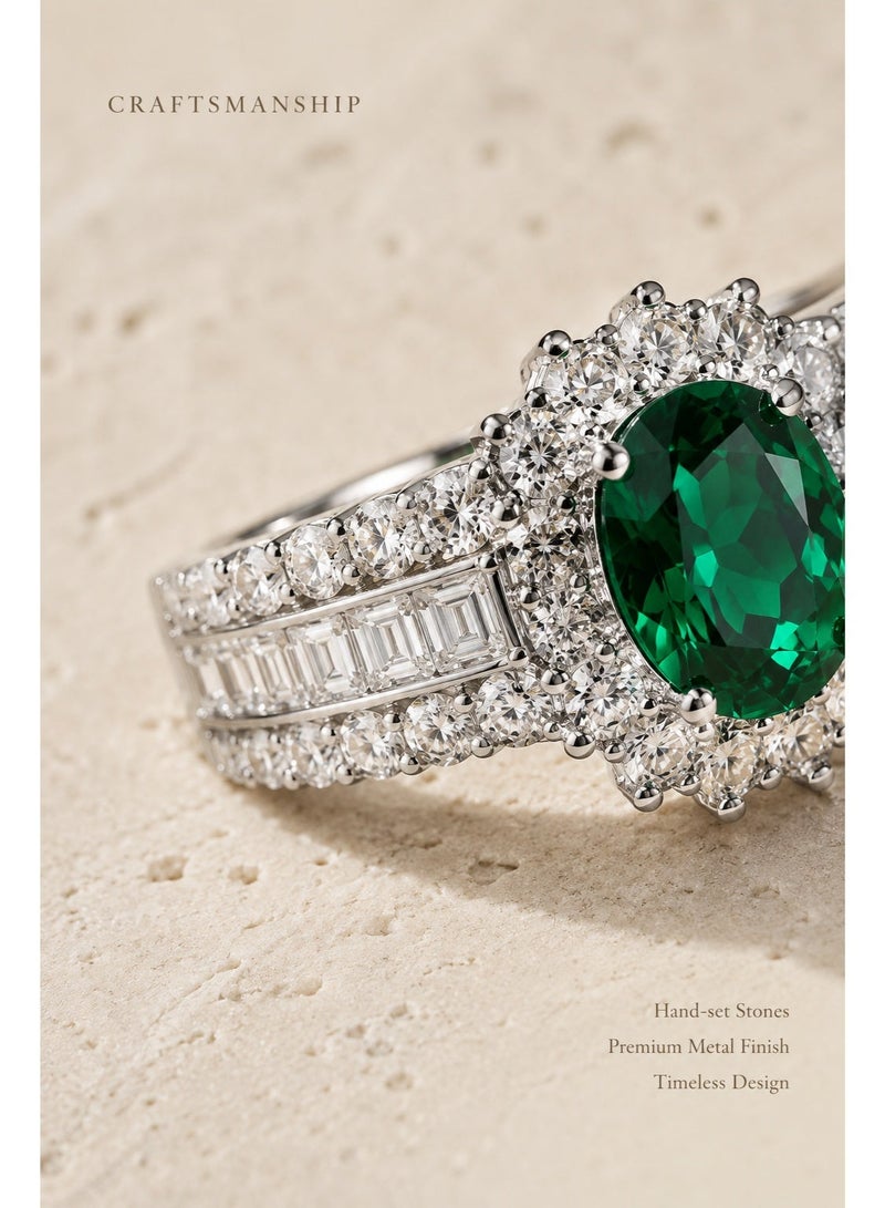 ZOCAI Luxury Emerald Halo Ring for Women | Oval Cut Green Emerald Center Stone | Triple Row Baguette & Round Cut Diamond Accent Band | White Gold Tone Statement Engagement Ring | Adjustable Luxury Cocktail Jewelry - Image 5