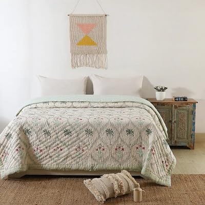 BLOCKS OF JAIPUR Blocks of Jaipur Original Pure Cotton Jaipuri Razai Hand Block Green Cypress Tree Print Reversible Comforter Lightweight AC Quilt Summer and Winter Bedding Throw Bed Blanket King Size 108X108 in  - Image 2