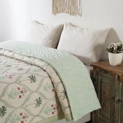 BLOCKS OF JAIPUR Blocks of Jaipur Original Pure Cotton Jaipuri Razai Hand Block Green Cypress Tree Print Reversible Comforter Lightweight AC Quilt Summer and Winter Bedding Throw Bed Blanket King Size 108X108 in  - Image 4