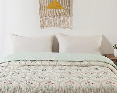 BLOCKS OF JAIPUR Blocks of Jaipur Original Pure Cotton Jaipuri Razai Hand Block Green Cypress Tree Print Reversible Comforter Lightweight AC Quilt Summer and Winter Bedding Throw Bed Blanket King Size 108X108 in  - Image 5
