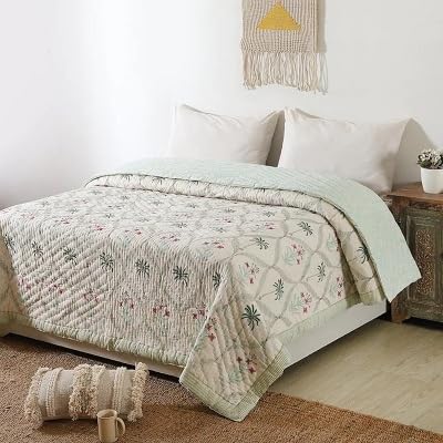 BLOCKS OF JAIPUR Blocks of Jaipur Original Pure Cotton Jaipuri Razai Hand Block Green Cypress Tree Print Reversible Comforter Lightweight AC Quilt Summer and Winter Bedding Throw Bed Blanket King Size 108X108 in  - Image 1