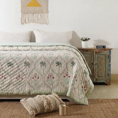 BLOCKS OF JAIPUR Blocks of Jaipur Original Pure Cotton Jaipuri Razai Hand Block Green Cypress Tree Print Reversible Comforter Lightweight AC Quilt Summer and Winter Bedding Throw Bed Blanket King Size 108X108 in  - Image 3