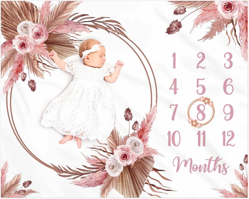Gicoherero Floral Boho Baby Monthly Milestone Blanket Little Girl Bohemian Photo Prop Blanket Personalized Bliss Baby Present Pampas Grass Ideas for Newborn Princess Pinkk Nursery Dcor 40 X 50 - Image 1