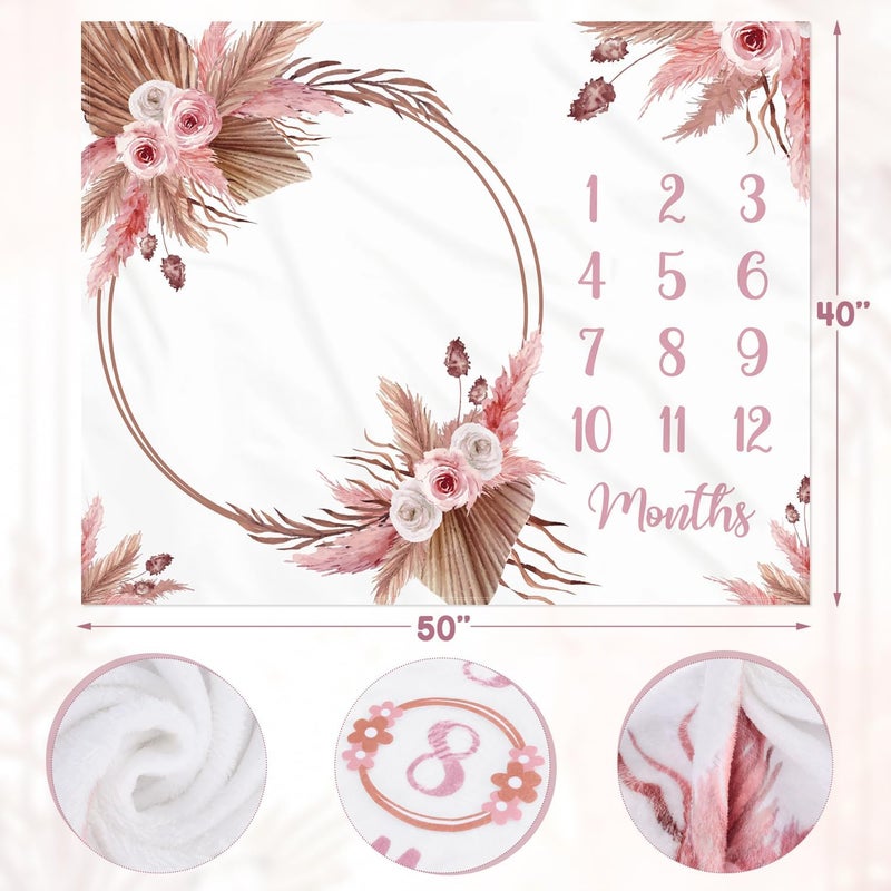 Gicoherero Floral Boho Baby Monthly Milestone Blanket Little Girl Bohemian Photo Prop Blanket Personalized Bliss Baby Present Pampas Grass Ideas for Newborn Princess Pinkk Nursery Dcor 40 X 50 - Image 4