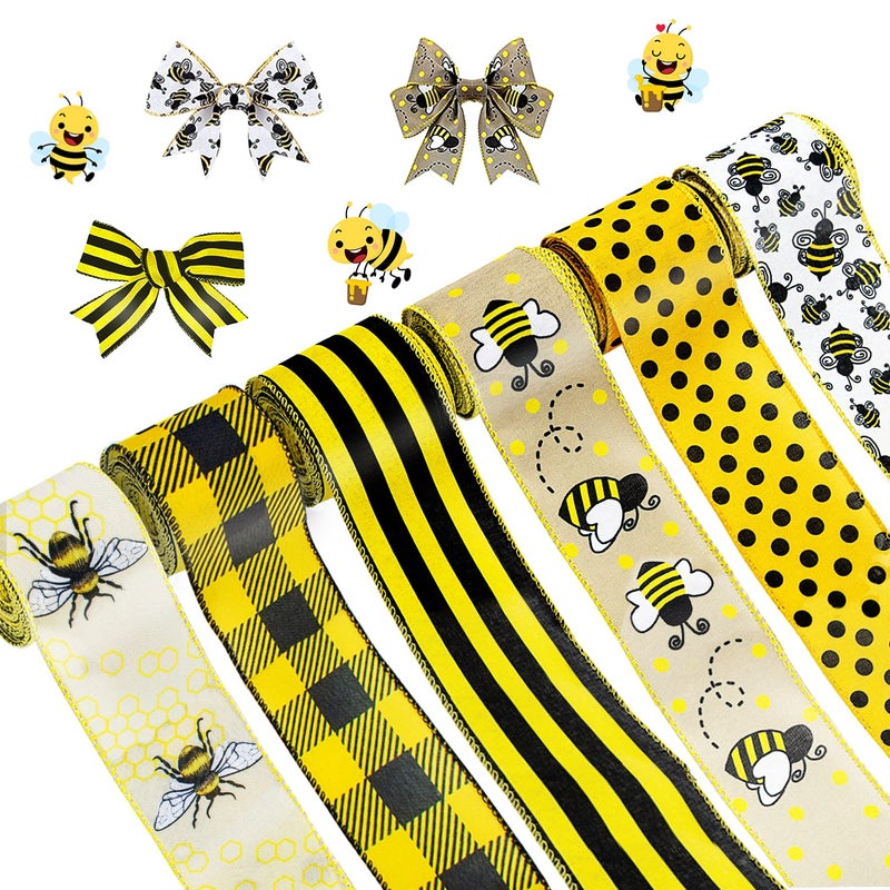 Mlurcu 6 Rolls Bee Wired DIY Craft Fabric 40 Yards 25 Inch Yellow Ribbon Stripe Gingham Dot Summer Ribbon for Bows Wreaths Wrapping Party Decorative