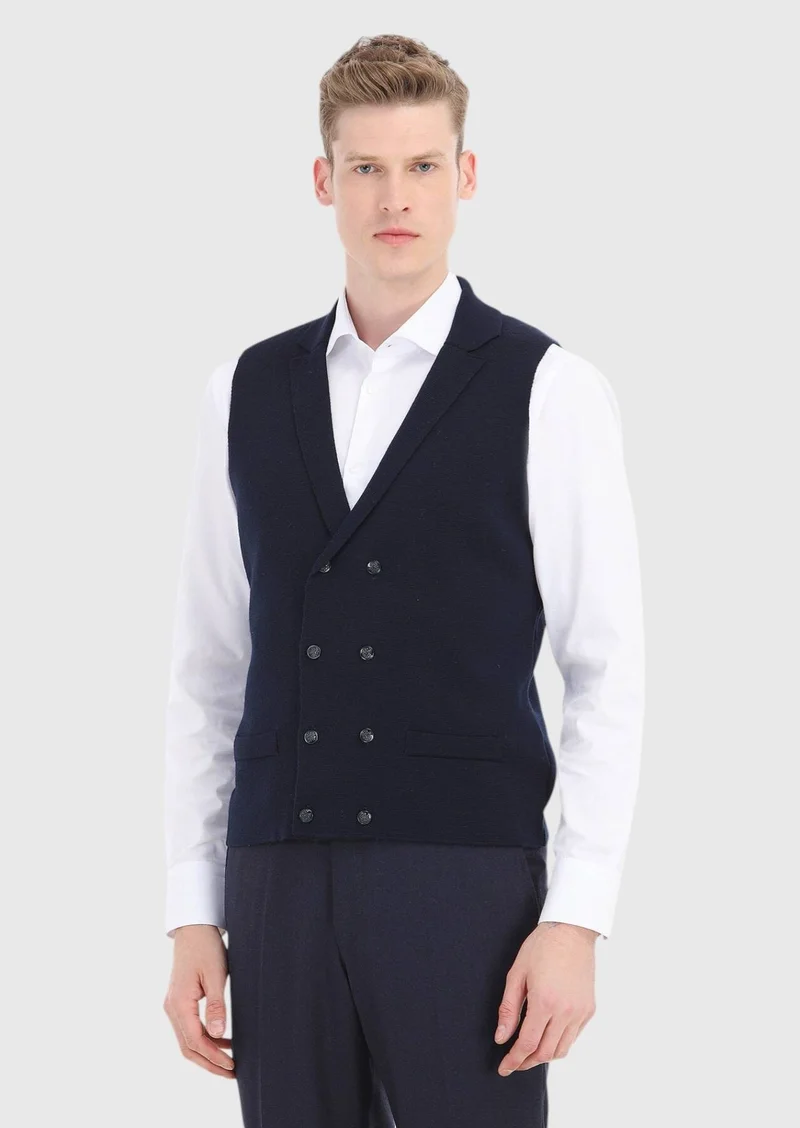 RAMSEY Navy Blue Regular Fit Butterfly Collar Casual Knitting Knit Vest