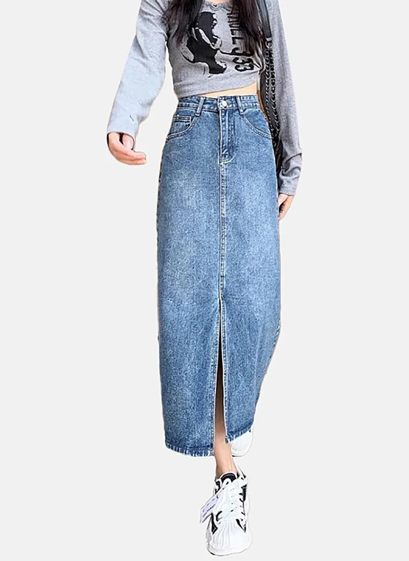 YUNIQEE Blue Slit Solid Midi Skirt