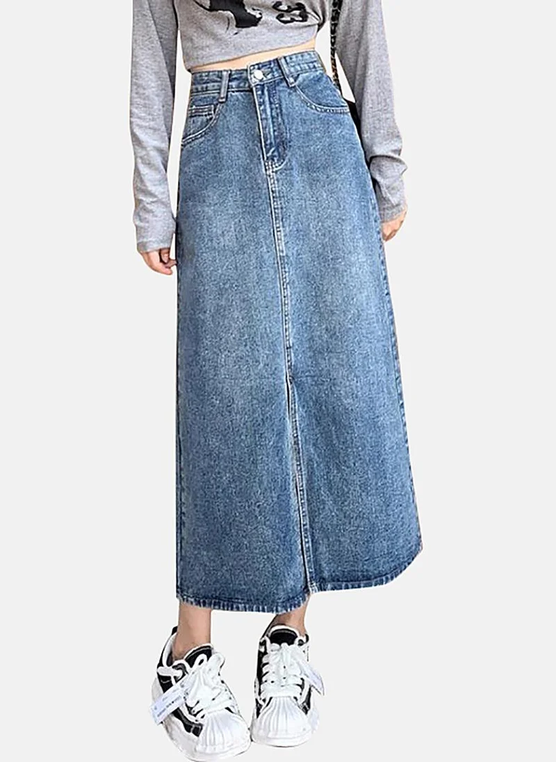 YUNIQEE Blue Slit Solid Midi Skirt