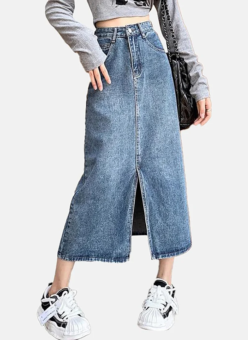 YUNIQEE Blue Slit Solid Midi Skirt
