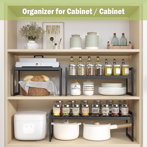 DOLALIKE Expandable kitchen Countertop Organizer, Stackable Cabinet Shelf Organizers, Space Saving Spice Rack Pantry Storage for Bathroom Office Organization (Black, 2 Pack) - Image 2