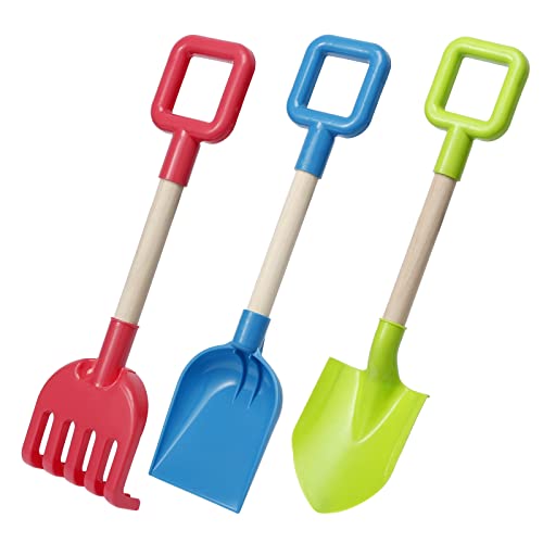 Amarlozn Jumbo Beach Shovels Rake Spade Toys Set for Kids 16 Long Wooden Handle ABS Plastic Sand Scoop Planting Summer Winter Gift for Mud Sand Snow Digging Backyard Gardening Tool Accessories 3 Pack - Image 1