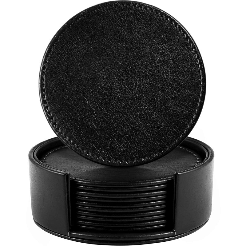 LAMOTI Leather Coasters for Drinks 4 Drink Coasters Set of 6 with Holder for Tabletop Protection Handmade Luxurious Home Dcor and Housewarming Gift Black