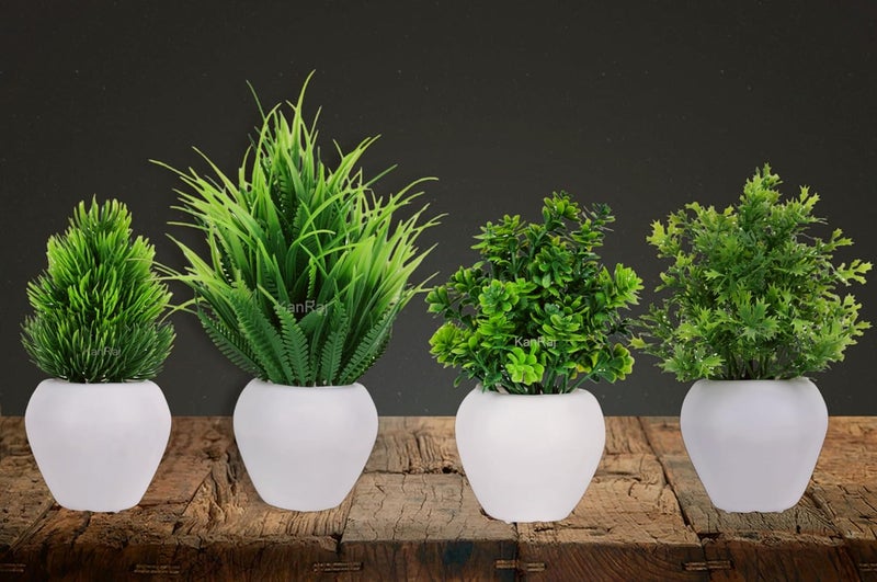 KanRaj Small Fake Plants in White Planters Artificial Plants for Home Decor Indoor Plastic Eucalyptus Plants for Office Desk Bathroom Bedroom Greenery Set of 4