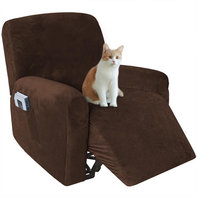 4 PIECES THICK VELVET RECLINER CHAIR SLIPCOVERS STRETCH LAZY BOY COVER FOR LEATHER RECLINER SOFA RV HOME SEATER WITH SIDE POCKET