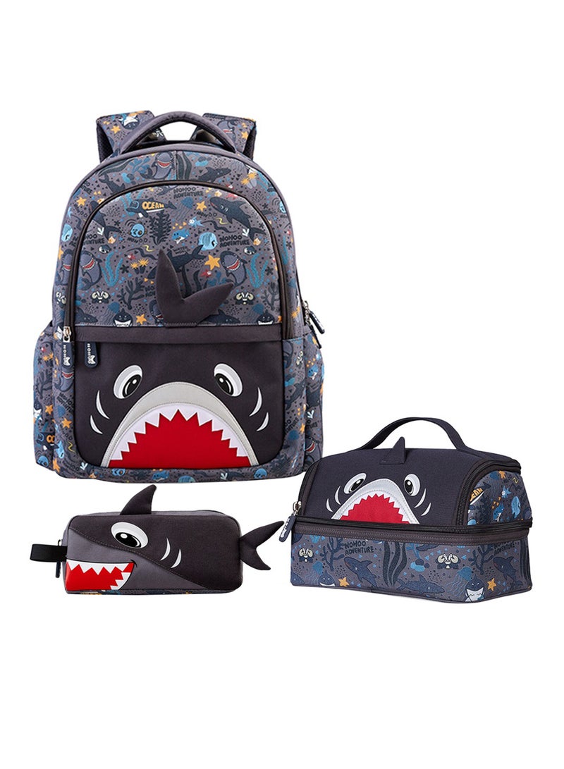 Nohoo Kids 16 Inch School Bag With Lunch Bag And Pencil Case (Set Of 3) Shark - Grey - Image 1