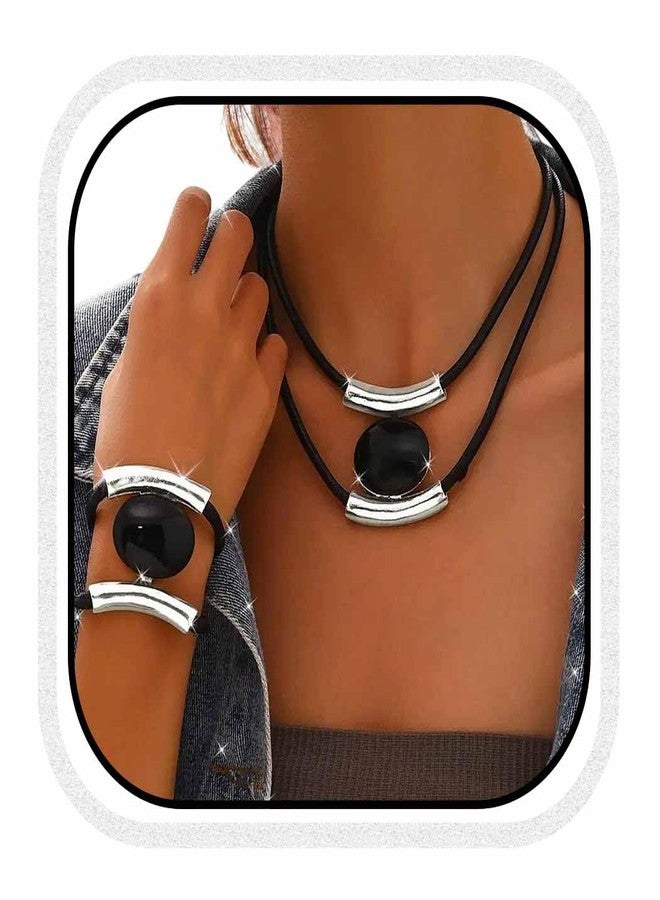 CLOACE Necklace Set Boho Double-Layer Pendant Necklace Bracelet Sets Vintage Fashion Jewelry for Women (Silver) - Image 1