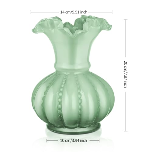 Joeyan Handmade Green Glass Flower Vase,7.9" Vintage Decorative Urn Vase for Centrepieces Bouquet Wedding,Colored Thickened Pedestal Vase Decorations for Rustic Home Living Room Office Farmhouse - Image 2