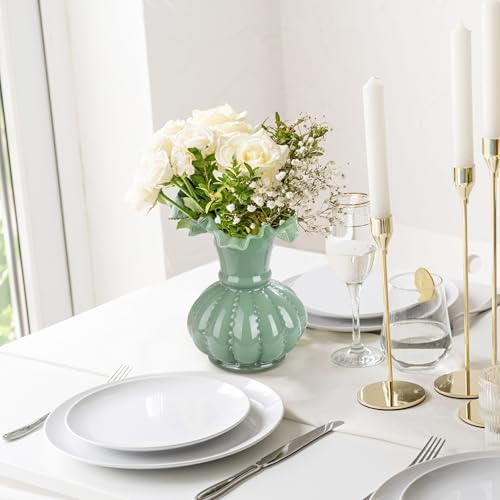 Joeyan Handmade Green Glass Flower Vase,7.9" Vintage Decorative Urn Vase for Centrepieces Bouquet Wedding,Colored Thickened Pedestal Vase Decorations for Rustic Home Living Room Office Farmhouse - Image 3